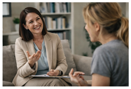 A therapist smiling warmly while speaking with her patient in a comfortable office