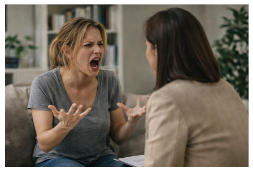 A patient visibly upset and yelling during a therapy session