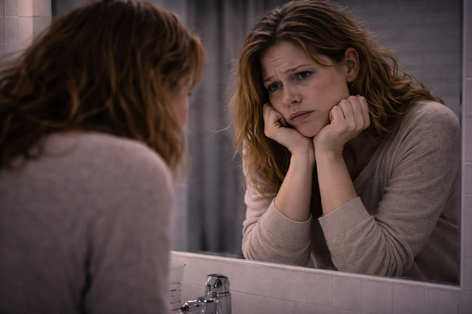 A woman staring intensely at her own reflection in a bathroom mirror — representing the inward-directed rage of discouraged BPD