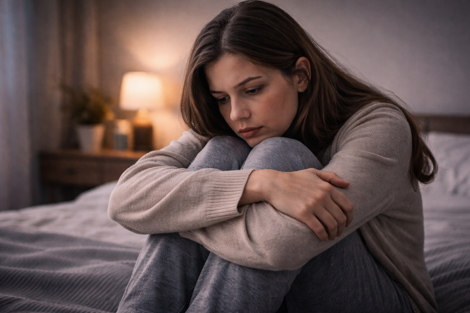 A woman sitting alone on a bed, hugging her knees in quiet pain — representing the discouraged or quiet BPD subtype